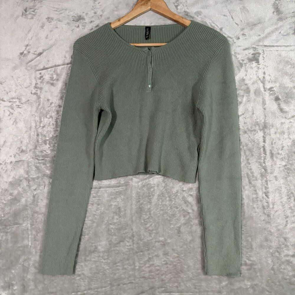 BLUESTEEL Brazil Sage Green Ribbed Crop Henley Top Long Sleeve Size G (US M/L)